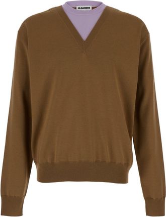 Jil Sander Brown And Lillac Double-neck Sweater In Wool Man