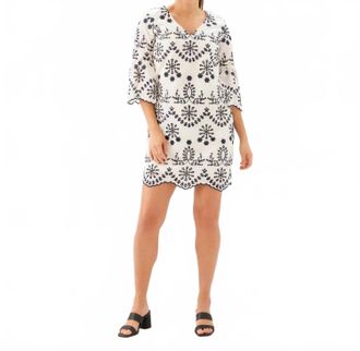 Karen Kane Flare Sleeve Embroidered Dress In Cream With Navy