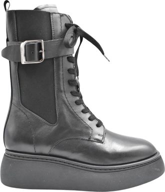 Janet & Janet Zwarte platte schoenen voor dames - Dames - Veterlaarzen - Zwart - 39 EU - Leer - Schoenen