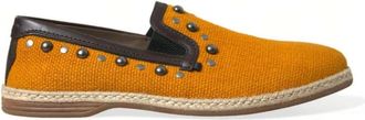 Dolce & Gabbana Oranje Studded Linnen Leren Loafers - Heren - Loafers - Oranje - 43 EU - Linnen - Schoenen