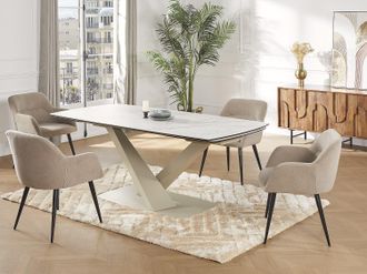 Vente-Unique Tavolo da pranzo allungabile da 6 a 10 coperti in Ceramica e Metallo Effetto marmo Bianco e Beige - MALENA di Pascal MORABITO