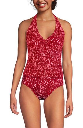 Lands End Twist Halter Tankini Top in Red Mini Dot at Nordstrom, Size 16