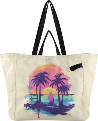 Generic Palm Surfboard Sunset Beige pattern Reusable Canvas Tote Bag, Heavy Duty Grocery Shopping Bag with Double Handles Large Capacity Hard Bottom Work Groc