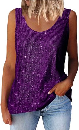 Generic Sleeveless Womens Vests with Sequins Festive Tops Summer Fashion Tank Top Plain Tank Tops Glitter Top Party Tunic Glitter Blouse Loose Womens Tops Y2K