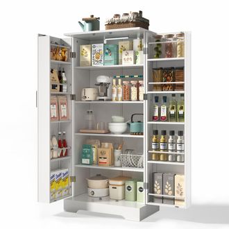 STILVORA Aparador De Cocina Con 2 Puertas, 5 Niveles, Estantes Ajustables Y Luz Led Para Cocina Y Comedor, En Mdf, 60&times;35&times;128 Cm, Blanco