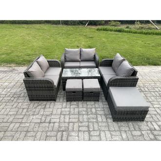 Fimous Outdoor Garden Furniture Sets 7 Pieces Wicker Rattan Furniture Sofa Sets with Rectangular Coffee Table Love seat Sofa 2 Big Footstool Side Table