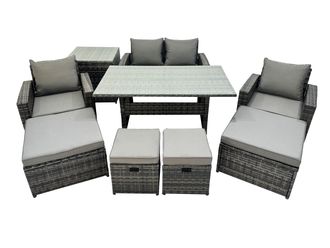 Fimous 8 Seater Outdoor Dining Table Double Seat Sofa Side Table 4 Stools Set in Dark Grey