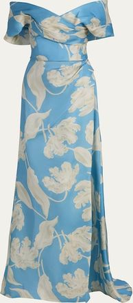 Monique Lhuillier Off-The-Shoulder Floral Gazar Trumpet Gown