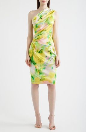 Eliza J Abstract Floral One-Shoulder Satin Cocktail Sheath Dress in Yellow at Nordstrom, Size 10