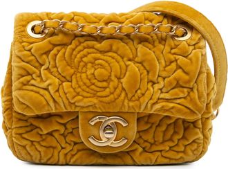 Chanel Mustard Mini Square Velvet Camellia Embossed Flap