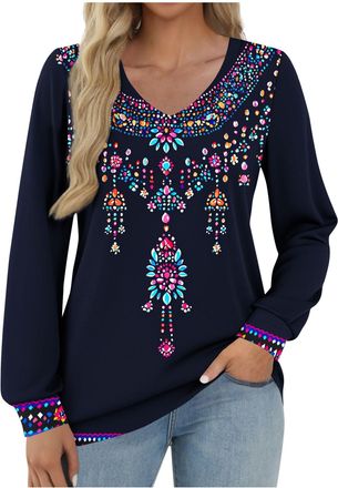 Generic Women Long Sleeve Tops, V Neck, Cotton, Vintage Graphic, Floral Print, Cuff Sleeve, Pull On Sweatshirts, Longline Tunics, Tee Shirts Jumpers for Going