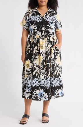 Renee C Floral Short Sleeve Midi Dress in Black at Nordstrom Rack, Size 2 X