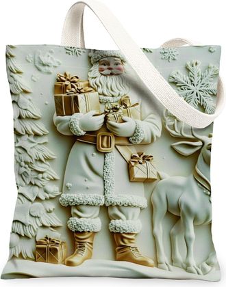 Generic Christmas Santa Canvas Tote Bags, Holiday Snowflake Pattern Reusable Grocery Bags, Vintage Lightweight Washable Canvas for, White, 13x15 Inch