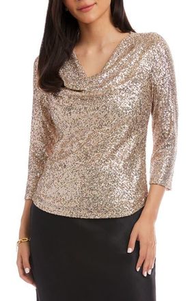 Karen Kane Sequin Drape Neck Top in Champagne at Nordstrom, Size Medium P