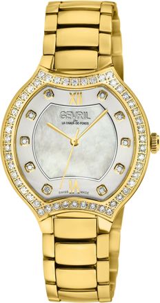 Gevril Group Lugano Swiss Diamond, White MOP Dial, 316L Stainless Steel IPYG Case, 316L Stainless Steel IPYG Bracelet. Swiss Quartz Watch