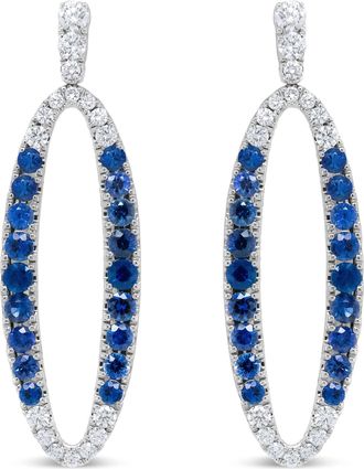 House of Brilliance 18K White Gold 1.11 Cttw Blue Round Diamond and Blue Sapphire Openwork Oval Shaped Dangle Earrings