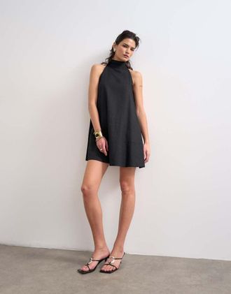 Topshop Vestito a trapezio accollato in misto lino nero