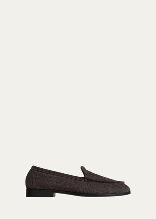 Bottega Veneta Mens Silenzio Intrecciato Suede Moc-Toe Loafers