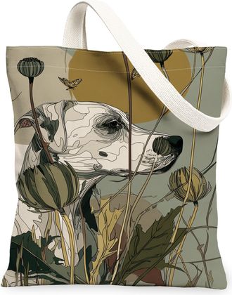 Generic Vintage Dog Canvas Tote Bags, Artistic Floral Design Reusable Grocery Bags, Lightweight Washable Shoulder Strap Canvas for, Green, 13x15 Inch