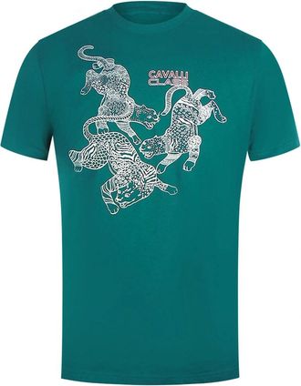 Roberto Cavalli Mens Cavalli Class Paisley Leopards Logo Green T-Shirt - Size: 38