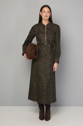 Wallis Womens Leopard Denim Zip Midi Shirt Dress - Khaki Cotton - Size 20 UK
