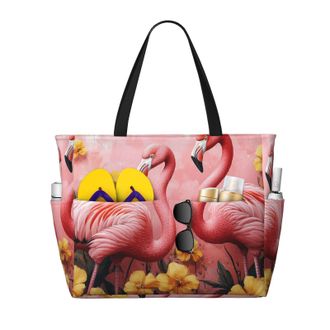 Generic Pink Flamingo Print Large Beach Bag Foldable Travel Shoulder Tote Bag With Pocket For Weekender Pool Vacation