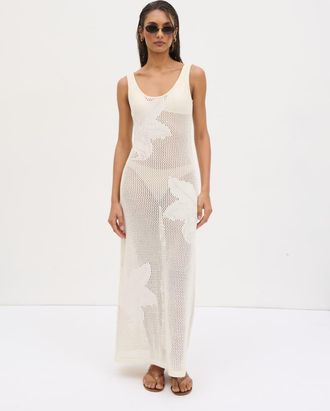 Pretty Lavish Vestito lungo con scollo rotondo in maglia traforata color crema a fiori-Bianco