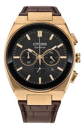 Citizen Axiom Eco-Drive Chronograph Croc Embossed Leather Strap Watch, 43mm in Black at Nordstrom Rack