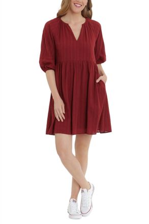 London Times V-Neck With Elastic Hems Short Blouson Cotton Dress In Ruby Wine