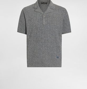Dolce & Gabbana Ribbed Cotton And Linen Polo Shirt - Man Sweaters And Cardigans Grey 46