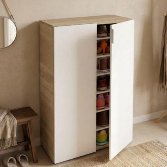 Dmora Armario Multifunci&oacute;n Olathe, Armario Auxiliar De 2 Puertas, Armario Zapatero Bajo Con 6 Baldas, Zapatero Bajo, Cm 70x36h103, Roble Y Blanco, Con Embal