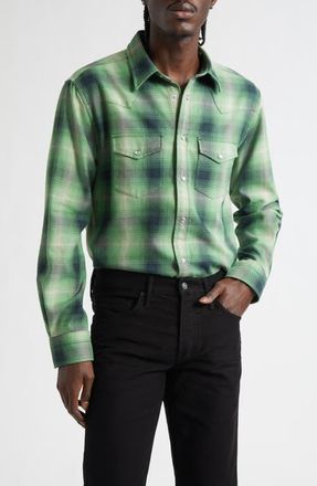 Tom Ford Slim Fit Grand D&eacute;grad&eacute; Check Western Shirt in Military Green Multi at Nordstrom, Size 44