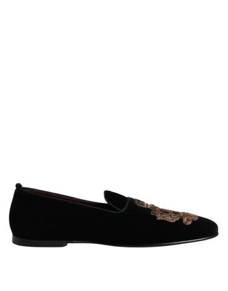Dolce & Gabbana Black Velvet Gold Crown Mens Loafers Mens Shoes