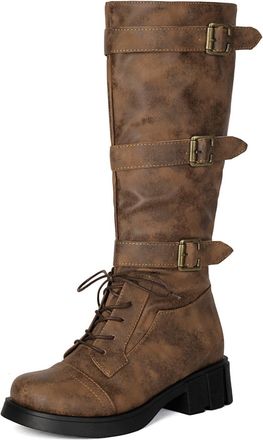Generic Womens Knee High Lace Up Boots Multiple Buckle Straps Round Toe Chunky Block Heels PU Leather Comfortable Non Slip Fall Winter Party,Brown,4.5 UK