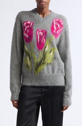 Maison Margiela Floral Brushed Wool & Alpaca Blend Sweater in Grey/ecru/burgundy/green at Nordstrom, Size Medium