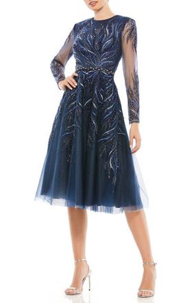 Mac Duggal Embellished Tea-Length Illusion Cocktail Dress in Twilight at Nordstrom, Size 2