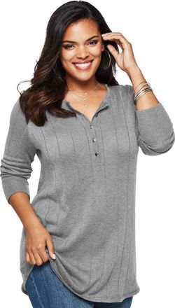 Roaman's Plus Size Drop Needle Henley Lightweight Sweater Knit in Medium Heather Grey at Nordstrom, Size Small