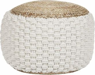 Beliani Pouf ottomano rotondo in maglia boho in cotone e iuta 50 x 35 cm bianco e beige Aiza
