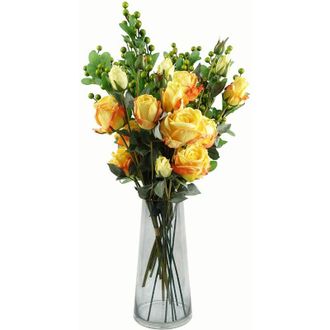 Leaf 60cm Yellow Rose Artificial Flowers Glass Vase
