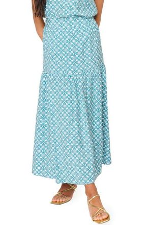 Gibsonlook Playa Floral Tiered High Waist Maxi Skirt in Teal Leaf Tile at Nordstrom, Size Xx-Small