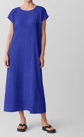 Eileen Fisher Woven Plissé Round Neck Dress In Royal