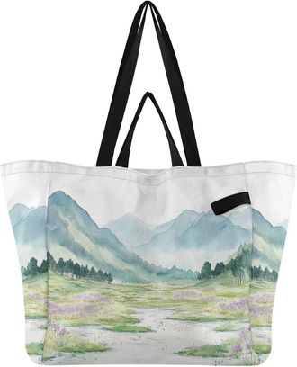 Generic Mountain Stream Green print Reusable Canvas Tote Bag, Heavy Duty Grocery Shopping Bag with Double Handles Hard Bottom Large Capacity Work Groceries Tr