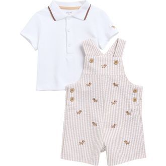Little Me Puppy Polo & Embroidered Shortalls Set in Tan at Nordstrom, Size 24M