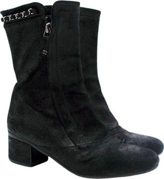 Chanel Black Suede Chain Trim Ankle Boots Size 37