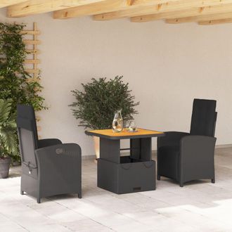 vidaXL Set Comedor De Jard&iacute;n 3 Pzas Con Cojines Rat&aacute;n Sint&eacute;tico Negro Vidaxl