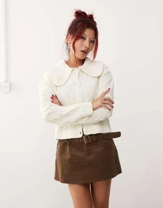 Monki knitted pattern cardigan with collar and puff sleeves in off white