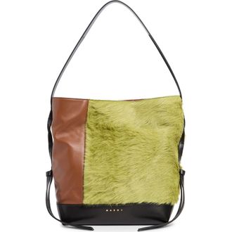Marni Small Leather & Genuine Calf Hair Hobo Bag in Zp051 Citronelle/Moca/Black at Nordstrom