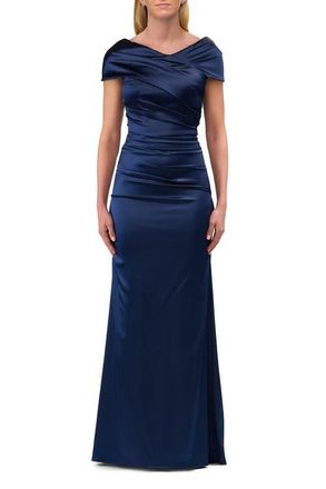 La Femme Off the Shoulder Stretch Satin Ruched Evening Gown in Navy at Nordstrom, Size 20