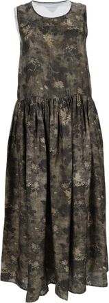 Uma Wang Green Flowing Gathered Waistband Floral Midi Dress