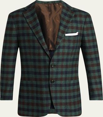 Kiton Mens Cashmere and Silk Check Single-Breasted Sport Coat